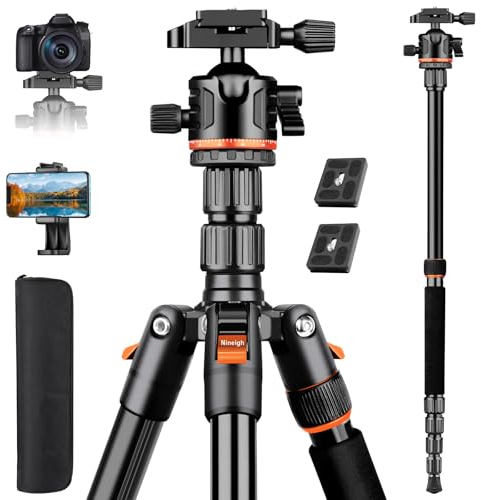 Nineigh 194cm Treppiede Fotocamera, Cavalletto Fotografico in Alluminio da Viaggio Leggero e Compatto, Portatile Treppiede Smartphone Con 360° Testa a Sfera, Treppiede Monopiede per Canon Nikon Sony