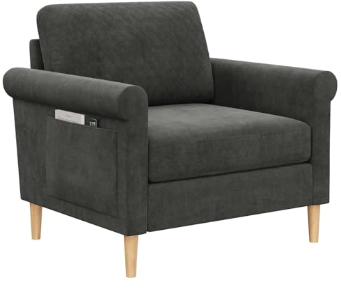 Vesgantti Fabric Accent chair, Upholstered Armchair with Bilateral Pocket Storage and Removable Cushions, Occasional Chair for Living Room Bedroom and Office, Tool-free Assembly, 80W*75D*86Hcm