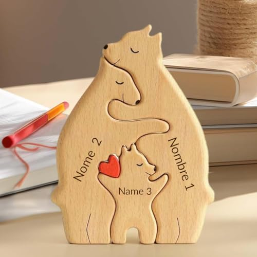 KuSONG Personalisiertes Holzkunstpuzzle Bärenfamilie mit Namen, Holz Bär Puzzle Bärenbrüder Skulpturen Ornament für Zuhause Personalisiert Familie Geschenk Ideen für Eltern Familie (3 Teile)