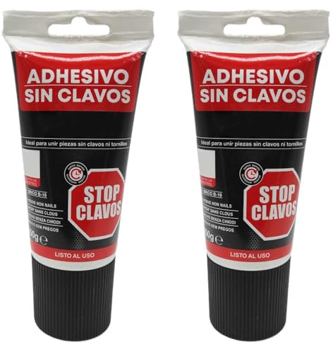 Tradineur - Pack de 2 tubos de adhesivo Stop Clavos, pegamento sin clavos, montaje, resistente a temperaturas extremas, fuerte en soportes absorbentes - 150 g