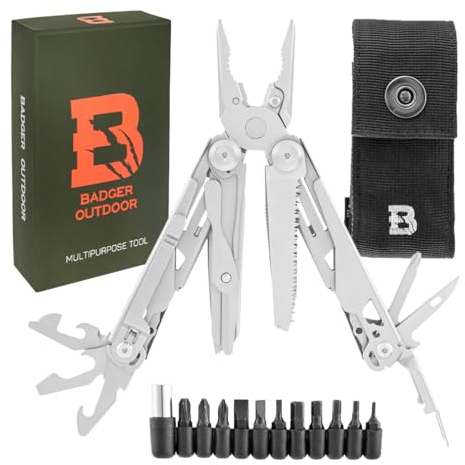 Badger Outdoor Solid Multitool 16in1 | Edelstahl Taschenmesser Set | Survival Ausrüstung & Camping Zubehör | Multifunktionswerkzeug für Outdoor | Geschenk für Männer