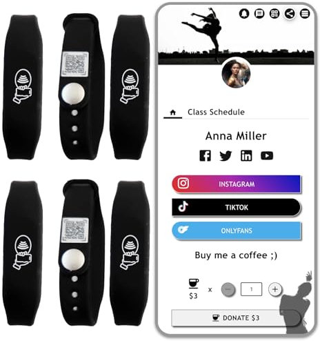Tap Armband – NFC-Tags digitale Visitenkarte – Tippen Sie auf NFC & Scannen Sie QR-Code-Armband – keine Gebühr, kein Abonnement – funktioniert auf iPhone, Android (weiß) (Schwarz, 6er-Pack)