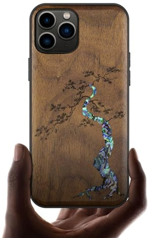 Carveit Holz Handyhülle für iPhone 11 Pro Max hülle [Holzgravur & Muschel Inlay] Stoßstange Cover Kompatibel mit Apple 11 Pro Max Case Stilvolle Aussehen（Nussbaum-Majestätische Kiefer）
