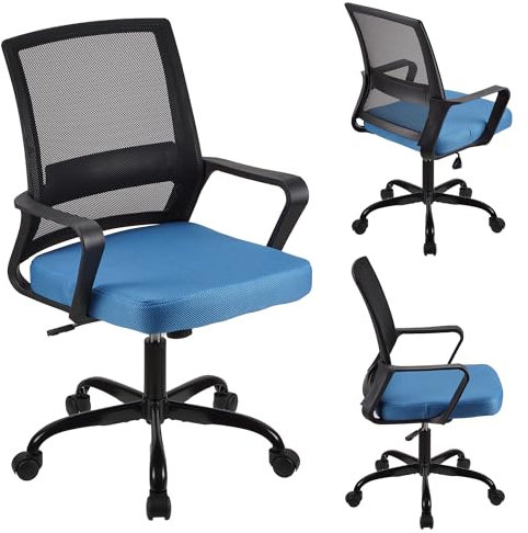 T-THREE.Adjustable office chair, ergonomic mesh swivel seat, with lumbar support, height adjustment, 360° rotation, and tilt function, mesh backrest for home office(Blue&Black)