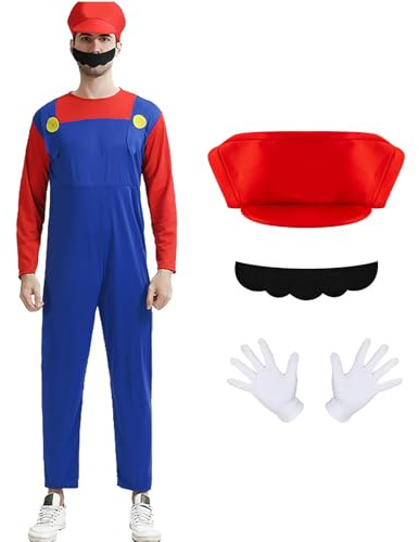Kitimi Kostüm Erwachsene Kinder, Kostüm mit Bodysuit, Luigi Cap, Hose und Handschuhen, Karneval Halloween Cosplay Kostüm Dekoration für Junge Mädchen Kinder Erwachsene