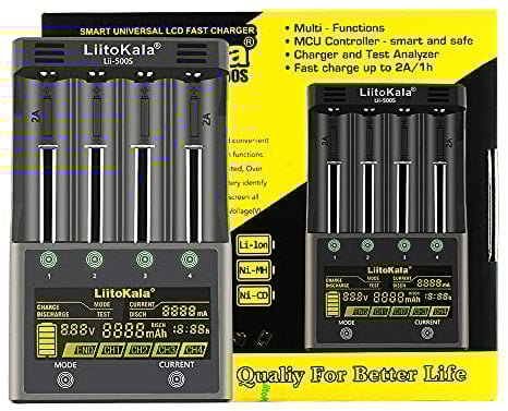 18650 Akku Ladegerät, LiitoKala Lii-500S AA Batterieladegerät mit LCD-Touch-Display inklusive 12V3A Adapter unterstützt USB-Ausgang für 10400 21700 Li-Lion AA AAA NI-MH NI-CD, 4 Schacht
