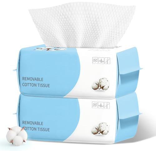 Lot de 200 serviettes jetables en coton pour le visage, lingettes sèches biodégradables, super douces et épaisses, non pelucheuses pour soins de la peau sensible, lingettes sèches démaquillantes,
