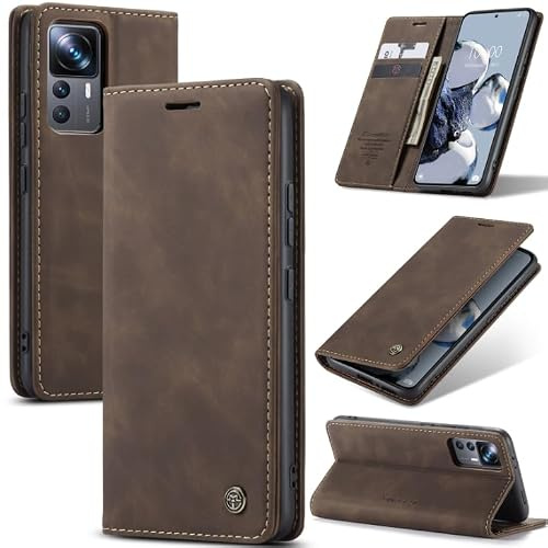 SLWYF Handyhülle für Xiaomi 12T/Xiaomi 12T Pro/Redmi K50 Ultra Hülle Premium Lederhülle Klappbar Flip Case Tasche Magnet Kartenfach Standfunktion Klapphülle Schutzhülle für Xiaomi 12T Pro, Kaffee