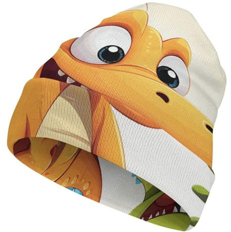 FZQVSWTX Strickmütze für Damen und Herren, niedliches Cartoon-Dinosaurier-Bild, bedruckt, modisch, weich und warm, Strickmütze mit Bündchen, Cartoon-Dinosaurier-Bilder, Größe 3XL,
