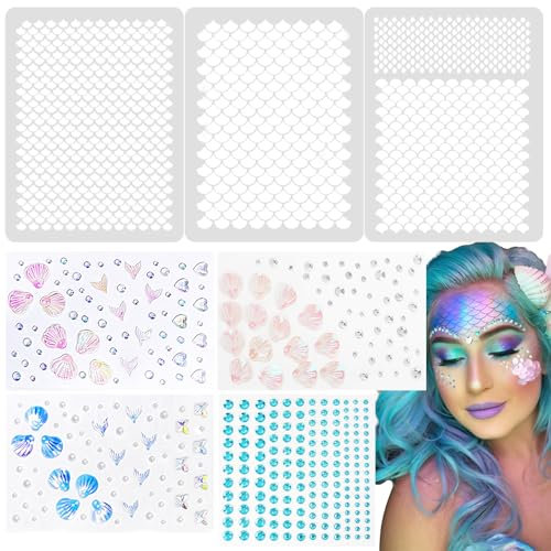 BOOMTOP 3pcs Fischschuppen Schablonen Meerjungfrau Kostüm Schminke Schablone mit 4x Glitzersteine Selbstklebend Strasssteine Karneval Kostüm Makeup Fasching Malvorlage zum Malen auf Wand Körper Möbel