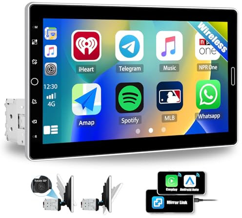 CAMECHO 1 Din Autoradio mit Wireless A-pple Carplay Android Auto, 10.1 Zoll Bildschirm Drehbarer Touchscreen Radio mit FM/AM/RDS Bluetooth EQ Mirror Link Lenkradsteuerung YouTube +IPS Display