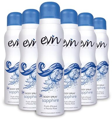 EVIN FEMME | Deodorant Sapphire Spray för kvinnor, doft med vatten och rosa pion, aktiv formel för 24 h, 6 x 150 ml
