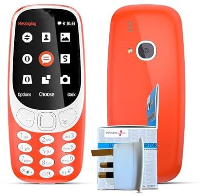3310 SIM-Free and Unlocked Mobile Phone (Warm Red) + UK Plug Adapter, Mini GSM Phone with Camera, Long Battery, Basic Mobile Phone for Seniors, Pay As You Go