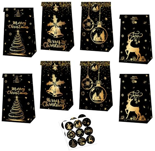 MORAINJAY 12 Weihnachtstüten zum Befüllen, kleine Weihnachtstüten | Schwarz Gold Papiertüten mit Aufklebern für Weihnachtsgeschenke, Geschenktüten zum Verpacken, 22 x 12 x 8 cm