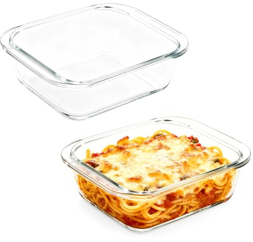 2 Pezzi di Teglia da Forno in Vetro, 0,9L Piccole Teglie da Forno in Vetro Borosilicato, 19,6 x 17 x 4,6 cm, Teglia Rettangolare con Manici Larghi per Microonde, Resistente alla Temperatura, Lavabile