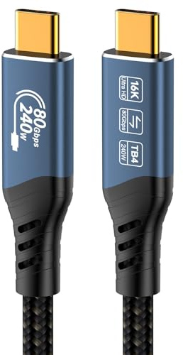 PremiumCord Cable de Conexión USB4™ Versión 2, Thunderbolt 4, 16K a 60 Hz, Cable de Datos Ultraspeed ​​de hasta 80 Gbps, E-Marker, Conector USB Tipo C, Carga Rápida de hasta 240 W, Azul, Longitud 1,5m