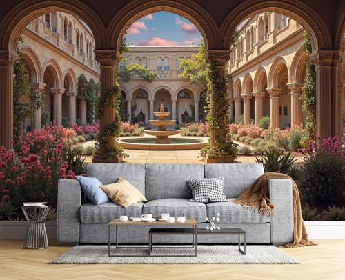 Fototapete Tapete Luxus Landschaft, Tapeten Wandtapete Fototapeten Garten Brunnen, Wohnzimmer, TV Hintergrund Wandtapete, Poster Bilder Wand Deko, 250x175cm (B×H), Braun