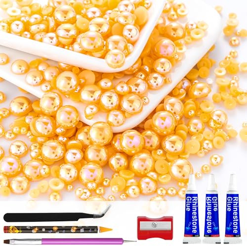 60g Orange AB Flatback Half Round Pearls Mixed Size 3-10mm Resin Craft Beads for Nail Art, Face Gems, DIY Jewelry Making