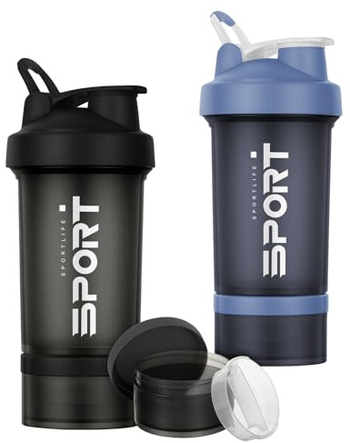 Alaoo Protein Shaker Bottle, 2Pcs Shaker Protein Shakes with Mix Ball Pill Organizer and Storage, Sports Water Bottle for Sports People Fitness Enthusiasts in Gym and Outdoor, Black and Blue