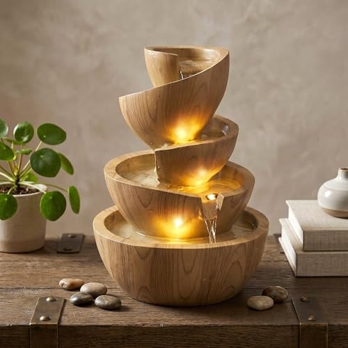 LED Zimmerbrunnen Springbrunnen Innen- & Außenbrunnen aus Polyresin, 39 cm hoch, mit warmweißen LED-Spots, Gartenbrunnen – Deko Brunnen für Wohnzimmer, Büro & Garten (helle Holzoptik)