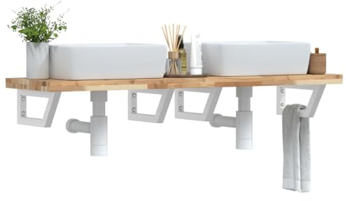 Tonture Étagère de lavabo murale en acier et bois d'acacia massif - 160 x 40 cm - Supports laqués blancs - Meuble de salle de bain peu encombrant avec étagère et espace de rangement pour salle de bain
