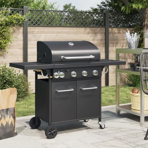 Barbacoa de gas con 5 fuegos con termómetro integrado, parrilla exterior de 63 x 40 cm, 16 kW, ruedas y armario, encendido piezoeléctrico, color negro