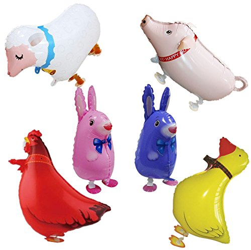 Zhiheng (Packung 6) Walking Sheep Rabbit Pig Henne Ente Ballons mit Bändern für Farm Animal Theme Birthday Party Gunst