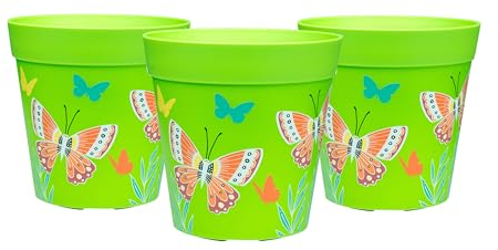 Hum Flowerpots Plant Pots, set of 3 green butterflies colourful planters, indoor/outdoor plastic pots 15cm x 15cm (14 designs available)