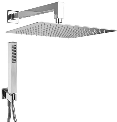 PaulGurkes Unterputz Duschsystem eckig mit Duschkopf Edelstahl Hochglanz Kopfbrause 30cm Regendusche Handbrause Stabhandbrause Wandanschlussbogen Metallbrauseschlauch 160cm Drehkonus ohne Armatur