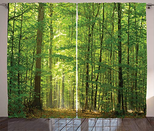 ABAKUHAUS Wald Rustikaler Gardine, Laub Wald Sommer, Schlafzimmer Kräuselband Vorhang mit Schlaufen und Haken, 280 x 245 cm, Braun Grün