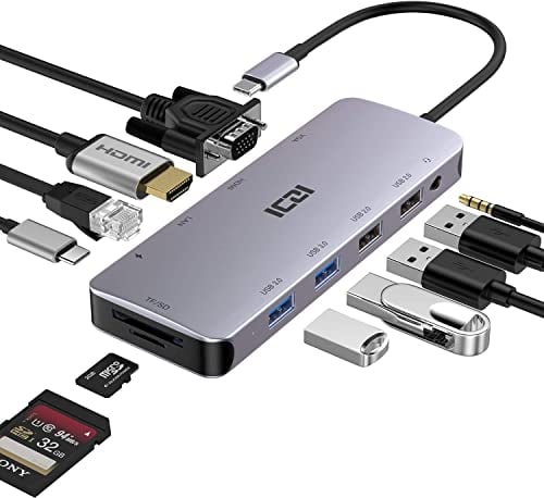 ICZI HUB USB C 11 en 1, Dock USB C vers HDMI 4K, VGA, 4*USB A Ports, 1*Type C PD 100W Port, SD/Micro SD, RJ45,AUX 3.5mm, Muti Ports Stations d'accueil pour PC Portable, Adaptateur Mac pour Le Bureau