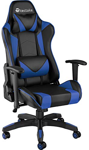 TecTake® Silla Gaming, Silla Ergonómica con Reposabrazos Ajustables, Silla de Estudio Moderna, Silla con Reposacabezas y Cojín Lumbar Extraíbles, Mecanismo Basculante, Rotación 360° - Negro/Azul