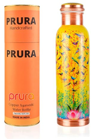 PRURA Botella de Agua de Cobre Puro Impreso 32 oz - Recipiente para Beber de Cobre Ayurvédico a Prueba de Fugas para Deportes, Gimnasio, Exteriores, Yoga, Beneficios para la Salud