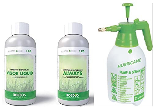 Bottos, Concime Fertilizzante per Prato Always 1 Lt + Biostimolante Vigor Liquid per Prato da 1 kg con Pompa Spruzzatore a Pressione 2L