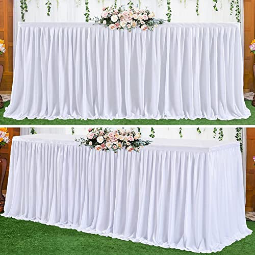 NSSONBEN 275cm White Polyester Table Skirts for Rectangle Tables, Wrinkle Free Ruffle Pleats Cloth Table Skirt for Banquet Wedding Birthday Baby Shower Trade Meeting Cake Dessert Tables(No Top Cover)