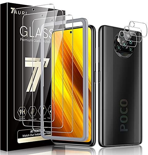 TAURI 6 Pack Protector de Pantalla Xiaomi Poco X3 NFC/Poco X3 Pro,Contiene 3 Pack Cristal Vidrio Templado y 3 Pack Protector de Lente de cámara, Doble Protección,Marco de Posicionamiento