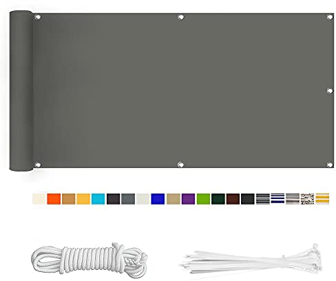 HERILIOS Balkon Sichtschutz,90X300CM Balkonabdeckung 220 g/m² Innen Balkonverkleidung UV-Schutz (210Größen&21Farben) Ohne Bohren mit Ösen Kabelbinder und Kordel für Balkongeländer Terrasse, Grau