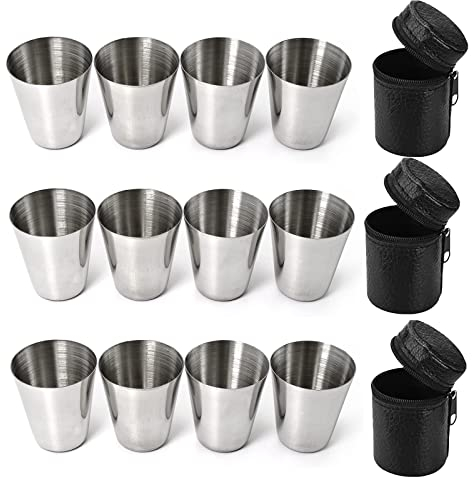 Spldsun 12 Stück Flachmann Becher, Edelstahl Becher, Stapelbare Schnapsbecher mit Leder-Tasche, Ideales Flachmann-Zubehör, Tolle Geschenk-Idee
