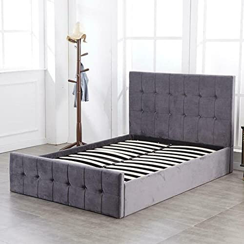 KOSY KOALA Milano Grey Velvet Ottoman storage bed Gas Side Lift Bed bed frame Cushioned high headboard 110CM Height (4FT SMALL DOUBLE BED FRAME)