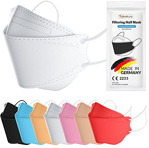 TubeRoo FFP2 Maske weiß Fischform, 1 Stück Masken, Made in Germany, Versand aus Deutschland, weiche Ohrschlaufen, Bänder, Atemschutzmaske