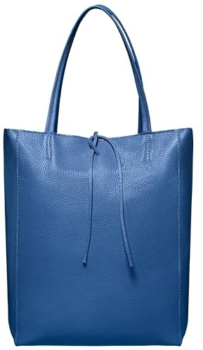 Takeasy Tragetasche für Damen aus italienischem Kalbsleder mit Reißverschluss, Innentasche und flachem Boden | Weiche, ungefütterte Shopper-Tasche für Arbeit und Reisen, Blau, Large