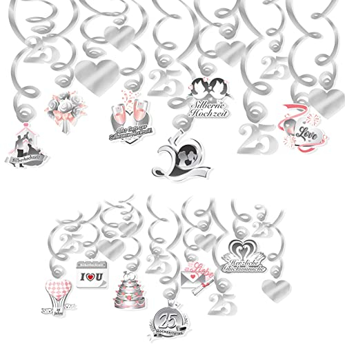 DPKOW Alles Gute zur Silbernen Hochzeit Hängedekoration, 30pcs Deckenhänger Spiral Girlanden für Silberhochzeit Deko, Aufhängen Hängedeko für 25 Hochzeitstag Dekoration für 25 Jahre Silberpaar
