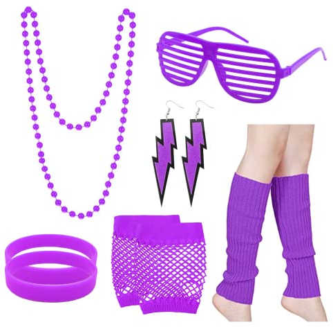 10 Stück 80er Jahre Accessoires für Damen, 80er Jahre Kostüm Zubehör Set mit Retro Neon Rosy Halskette Ohrring Brillen Armbänder Handschuhe Beinwärmer für Damen und Mädchen (lila)
