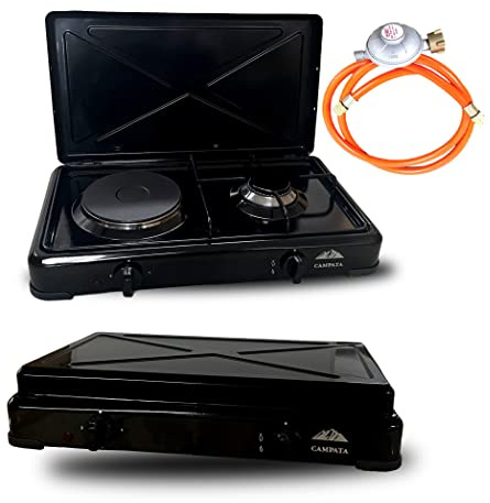 Campata 2in1 tragbarer Gaskocher 1 flammig + Elektrische Heizplatte 1000W, Gaskochfeld, Campingkocher inkl. Gasschlauch + Druckminderer