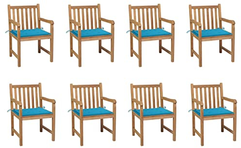 ZEYUAN Gartenstühle 8 STK. mit Blauen Kissen, Gartenmöbel, Balkonstühle, Balkonmöbel, Bistrostuhl, Garten Stühle, Sit Möbel, Armlehnenstuhl, Massivholz Teak