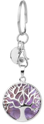 ZDHC Porte-clés arbre de vie en argent avec pendentif en pierre précieuse naturelle pour voiture et fille, améthyste, taille unique