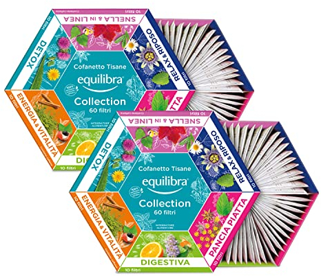 Equilibra Integratori Alimentari Tisane, Cofanetto Tisane Collection, 100% Ingredienti Funzionali, Selezione di 6 Diverse Tisane, Materiali 100% Riciclabili, Box Regalo, 2 Pezzi da 60 Filtri
