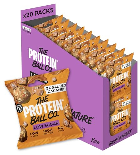 The Protein Ball Co Salted Caramel Low Sugar Protein Balls - Keto Friendly Snacks, Gluten-Free, Low Carb, Low Calorie Snacks - Healthy Energy Balls, Box of 20 Bags