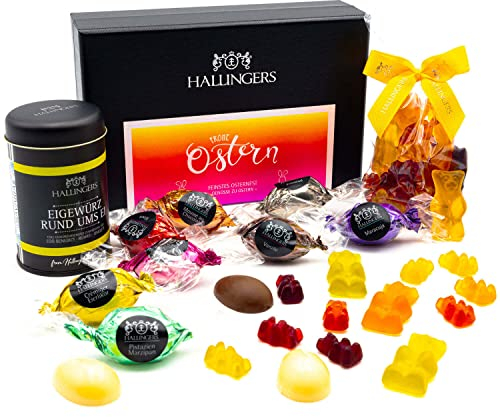 Hallingers Genuss Manufaktur Ostergeschenke als Osterkörbchen zu Ostern, Pralinen Ostereier Eigewürz & Fruchtsaftbärchen|Made in Bayern