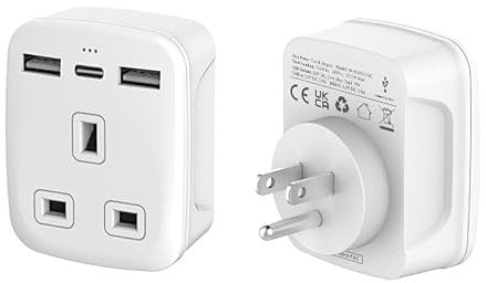 TechMax UK to USA Plug Adapter With USB Type G to Type B Travel Adapter for Canada, Thailand, Mexico, Jamaica, Dominican Republic, Barbados, China and more (White)